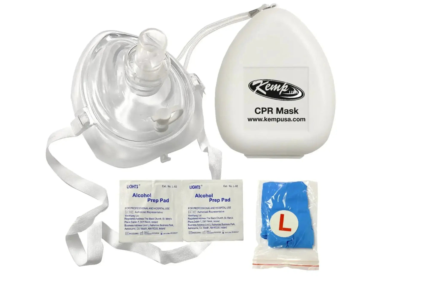 CPR Pocket Mask - includes O2 Inlet, Headstrap, Gloves, and Wipes Kemp USA