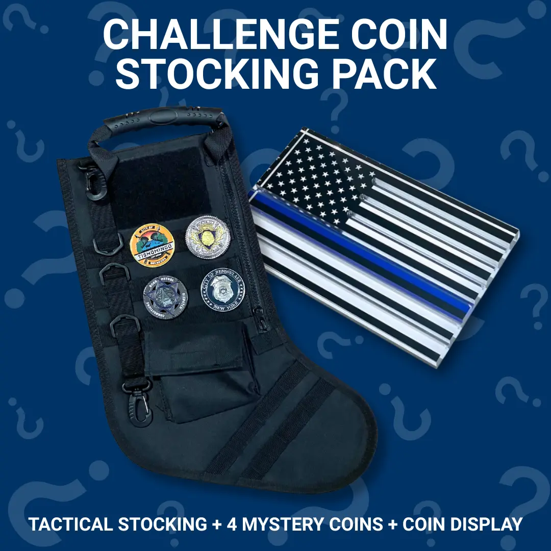 Challenge Coin Christmas Stocking Pack - Four Mystery Coins + Flag ShieldBox / Precinct Collectors' Club