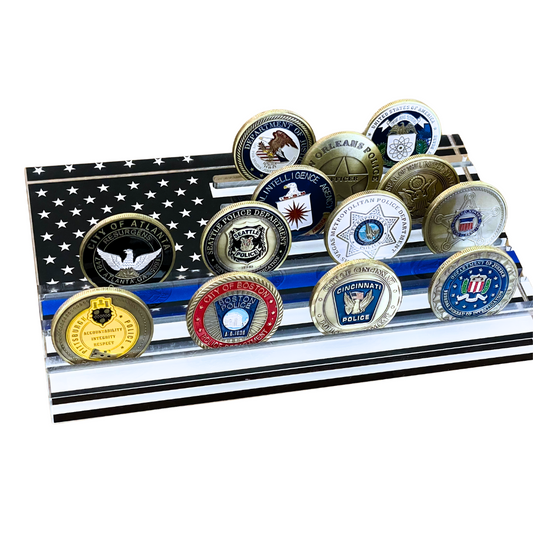 Challenge Coin Tabletop Flag Display - Thin Blue Line